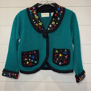 Vintage Lisa Nichols Embellished Teal Cardigan Sweater Womens Size Small